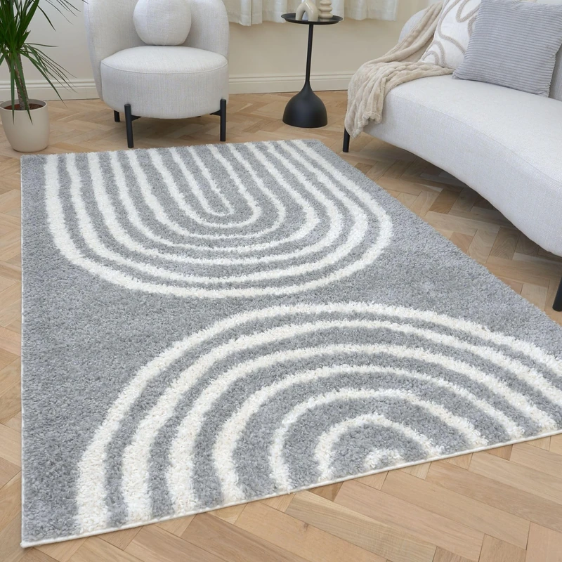 THE RUGS Soft Shaggy Area Rug – Modern Patterned Carpet for Living Room & Bedroom, Extra Plush, Easy to Clean, Geometric Arch Design (80x150 cm, Grey) - Image 1