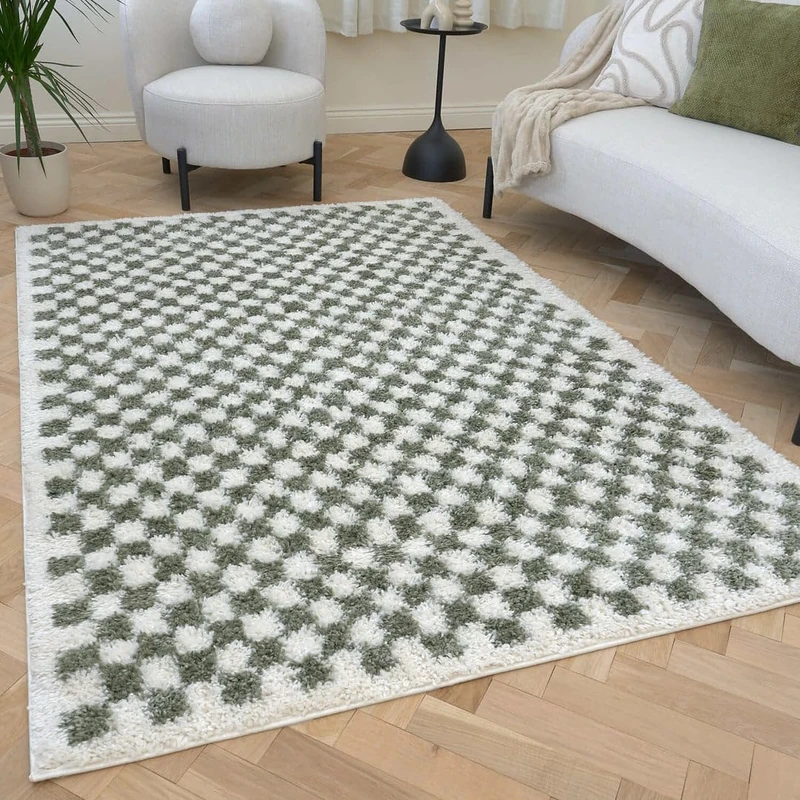 THE RUGS Soft Shaggy Area Rug – Modern Patterned Carpet for Living Room & Bedroom, Extra Plush, Easy to Clean, Checkerboard Design (200x290 cm, Sage Green)
