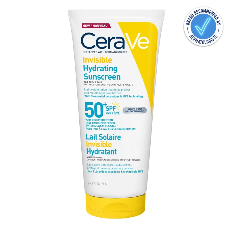 CeraVe Invisible Hydrating Sunscreen SPF50 for body skin care, for dry skin and very dry skin, sun cream body lotion for skin hydration and protection with 3 essential ceramides, 177ml