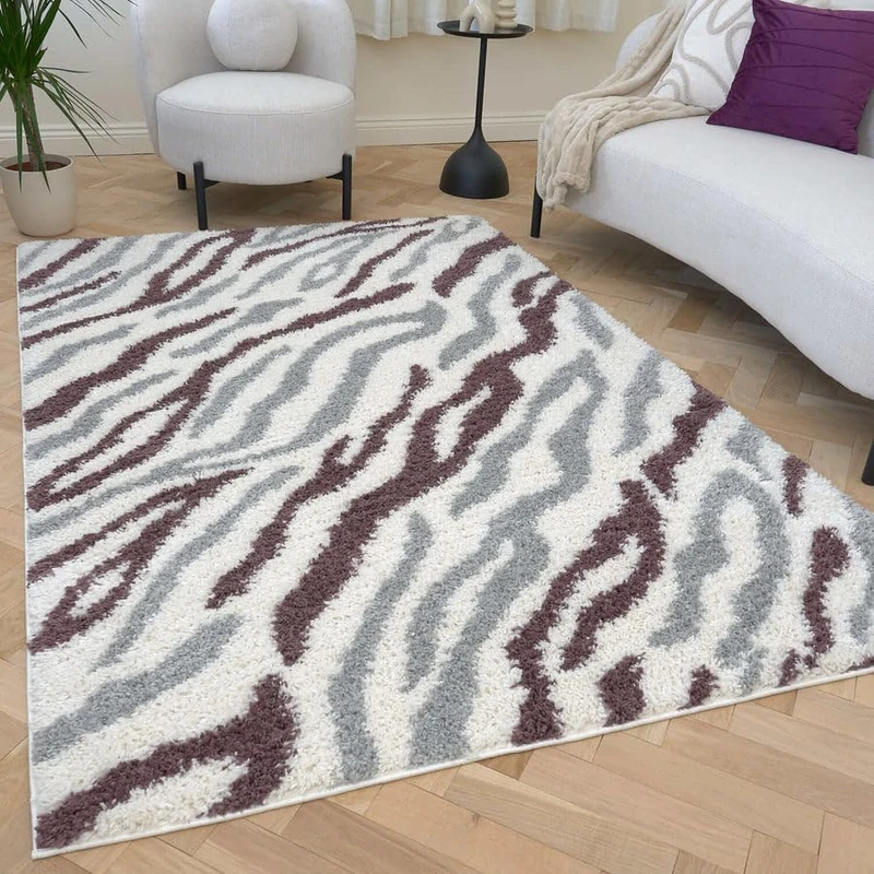 THE RUGS Soft Shaggy Area Rug – Modern Patterned Carpet for Living Room & Bedroom, Extra Plush, Easy to Clean, Zebra Pattern Design (160x230 cm, Grey/Purple)