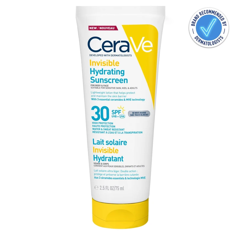 CeraVe Invisible Hydrating Sunscreen SPF30 for body skin care, for dry skin and very dry skin, sun cream body lotion for skin hydration and protection with 3 essential ceramides, 75ml