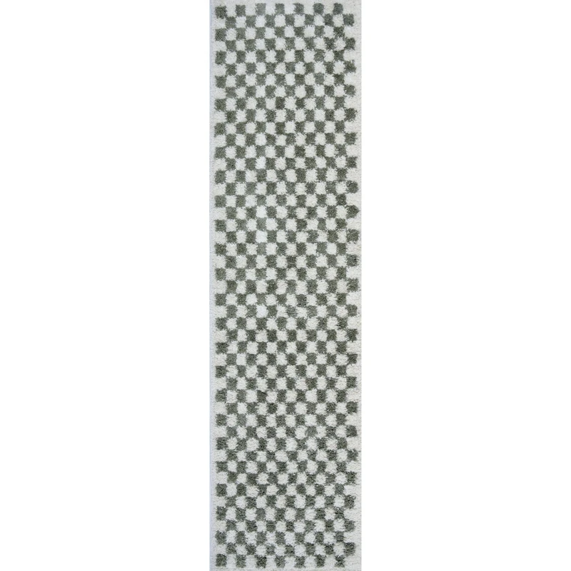 THE RUGS Soft Shaggy Area Rug – Modern Patterned Carpet for Living Room & Bedroom, Extra Plush, Easy to Clean, Checkerboard Design (80x300 cm, Sage Green)