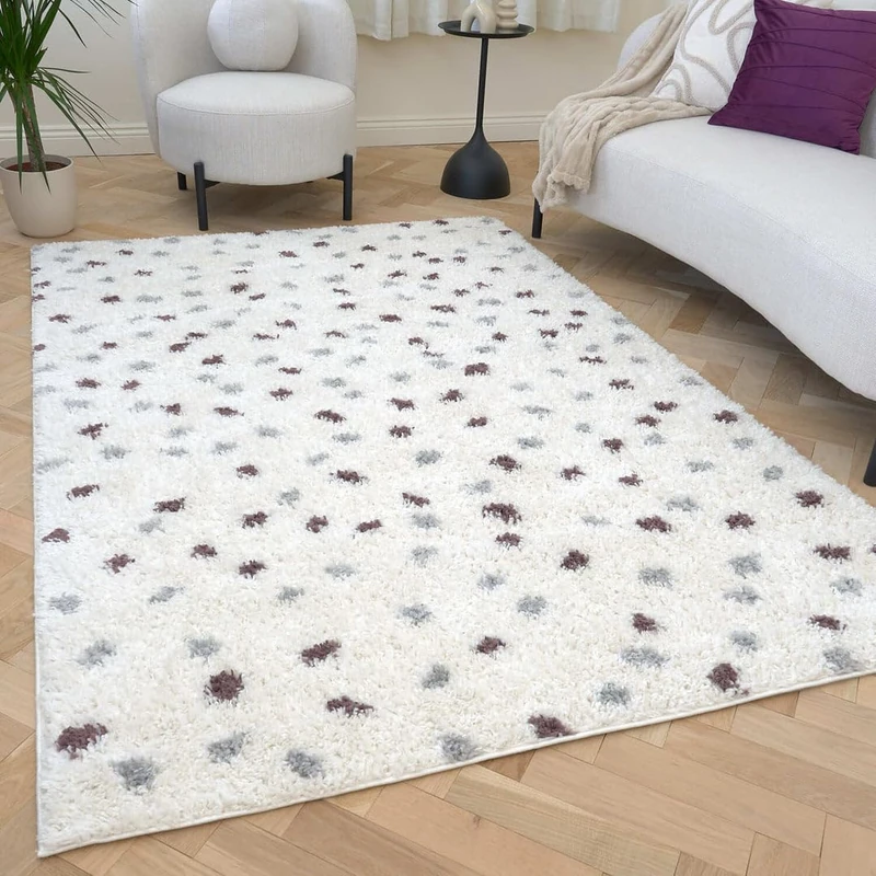 THE RUGS Soft Shaggy Area Rug – Modern Patterned Carpet for Living Room & Bedroom, Extra Plush, Easy to Clean, Terrazzo Design (200x290 cm, Grey/Purple)