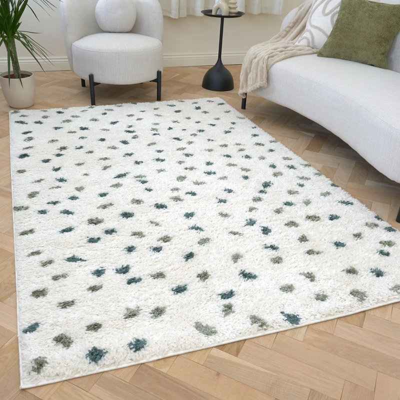 THE RUGS Soft Shaggy Area Rug – Modern Patterned Carpet for Living Room & Bedroom, Extra Plush, Easy to Clean, Terrazzo Design (80x150 cm, Forest & Sage Green)