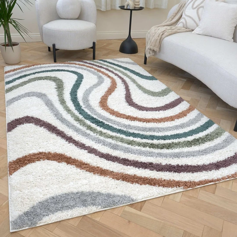 THE RUGS Soft Shaggy Area Rug – Modern Patterned Carpet for Living Room & Bedroom, Extra Plush, Easy to Clean, Abstract Wave Design (160x230 cm, Multicolour)