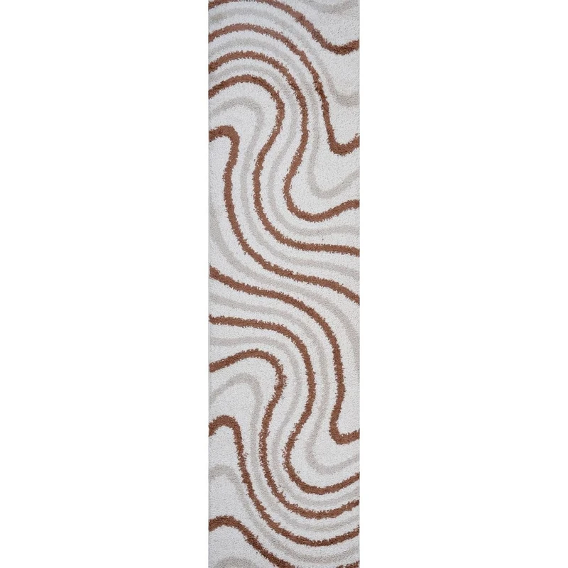 THE RUGS Soft Shaggy Area Rug – Modern Patterned Carpet for Living Room & Bedroom, Extra Plush, Easy to Clean, Abstract Wave Design (80x300 cm, Beige/Terra)