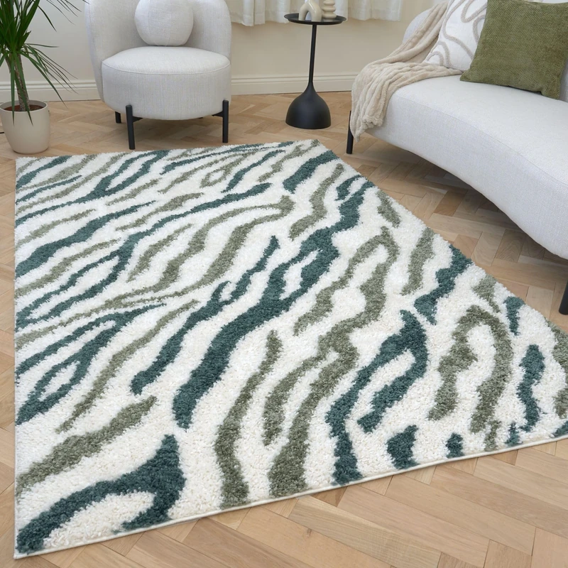 THE RUGS Soft Shaggy Area Rug – Modern Patterned Carpet for Living Room & Bedroom, Extra Plush, Easy to Clean, Zebra Pattern Design (80x150 cm, Forest & Sage Green) - Image 1