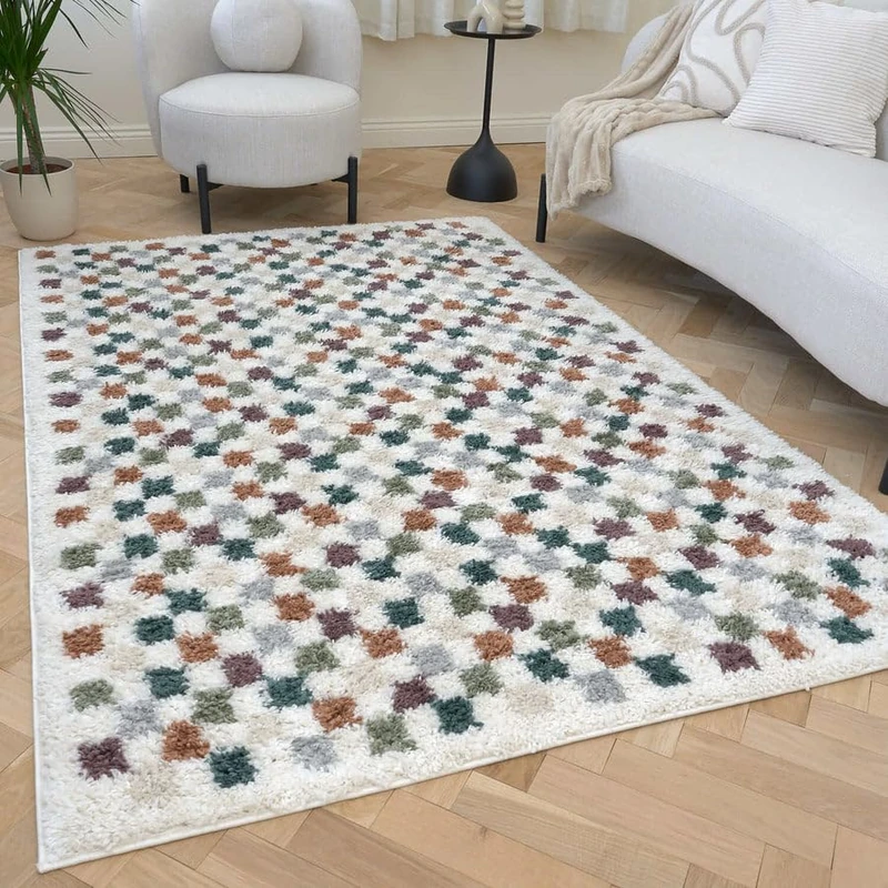 THE RUGS Soft Shaggy Area Rug – Modern Patterned Carpet for Living Room & Bedroom, Extra Plush, Easy to Clean, Checkerboard Design (160x230 cm, Multicolour)