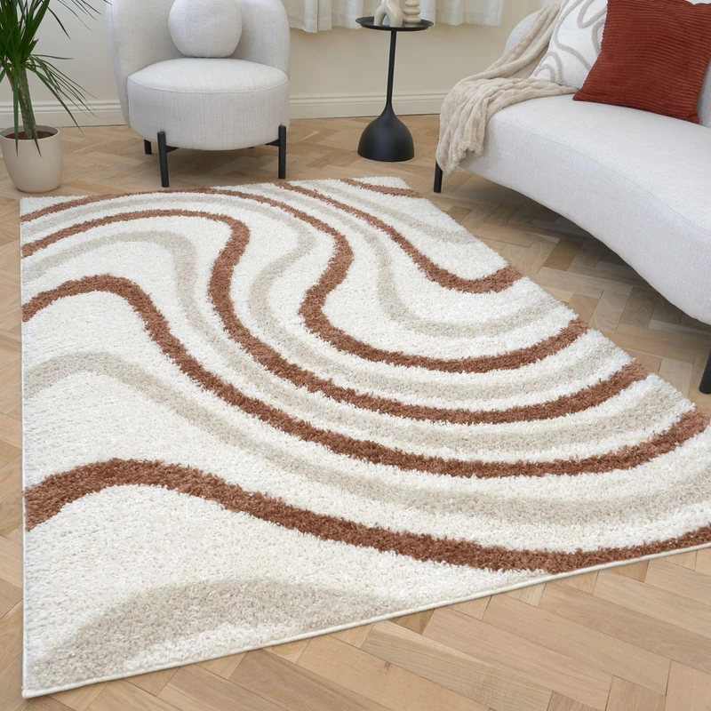 THE RUGS Soft Shaggy Area Rug – Modern Patterned Carpet for Living Room & Bedroom, Extra Plush, Easy to Clean, Abstract Wave Design (200x290 cm, Beige/Terra)