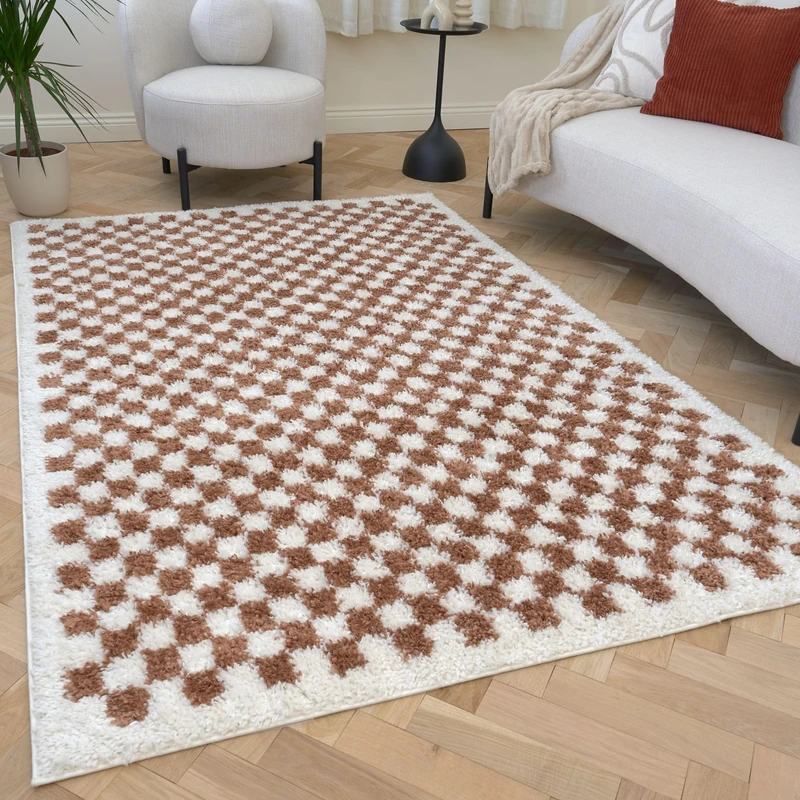 THE RUGS Soft Shaggy Area Rug – Modern Patterned Carpet for Living Room & Bedroom, Extra Plush, Easy to Clean, Checkerboard Design (80x150 cm, Terra)