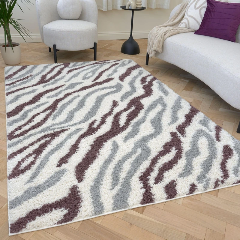 THE RUGS Soft Shaggy Area Rug – Modern Patterned Carpet for Living Room & Bedroom, Extra Plush, Easy to Clean, Zebra Pattern Design (80x150 cm, Grey/Purple)
