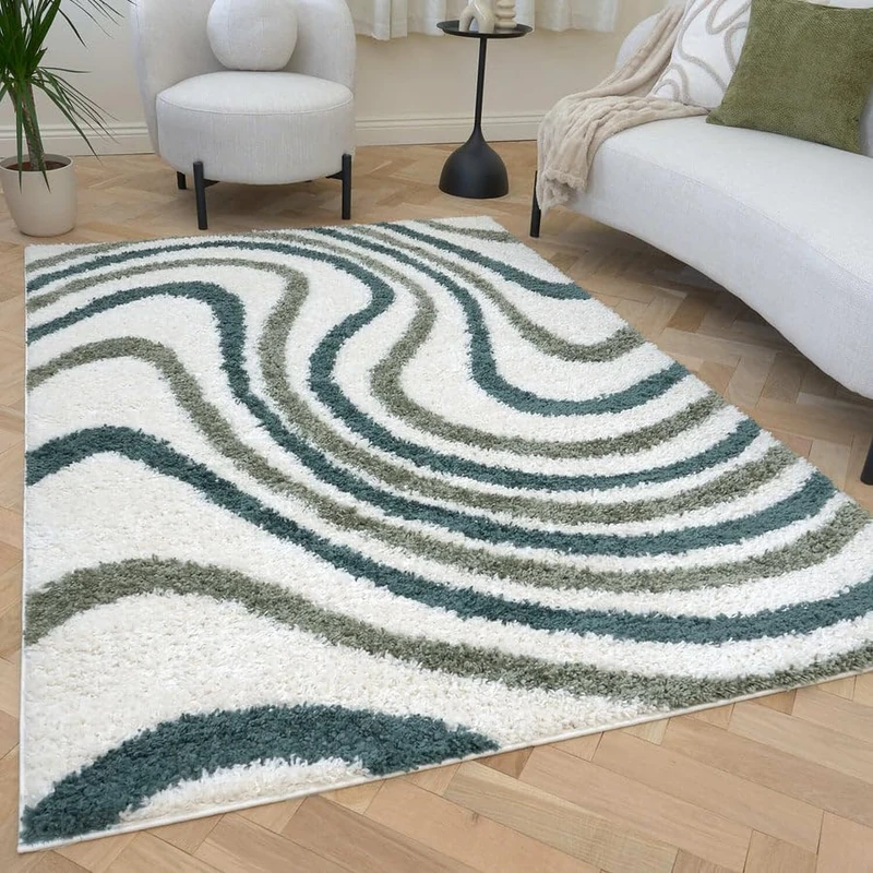 THE RUGS Soft Shaggy Area Rug – Modern Patterned Carpet for Living Room & Bedroom, Extra Plush, Easy to Clean, Abstract Wave Design (200x290 cm, Forest & Sage Green)
