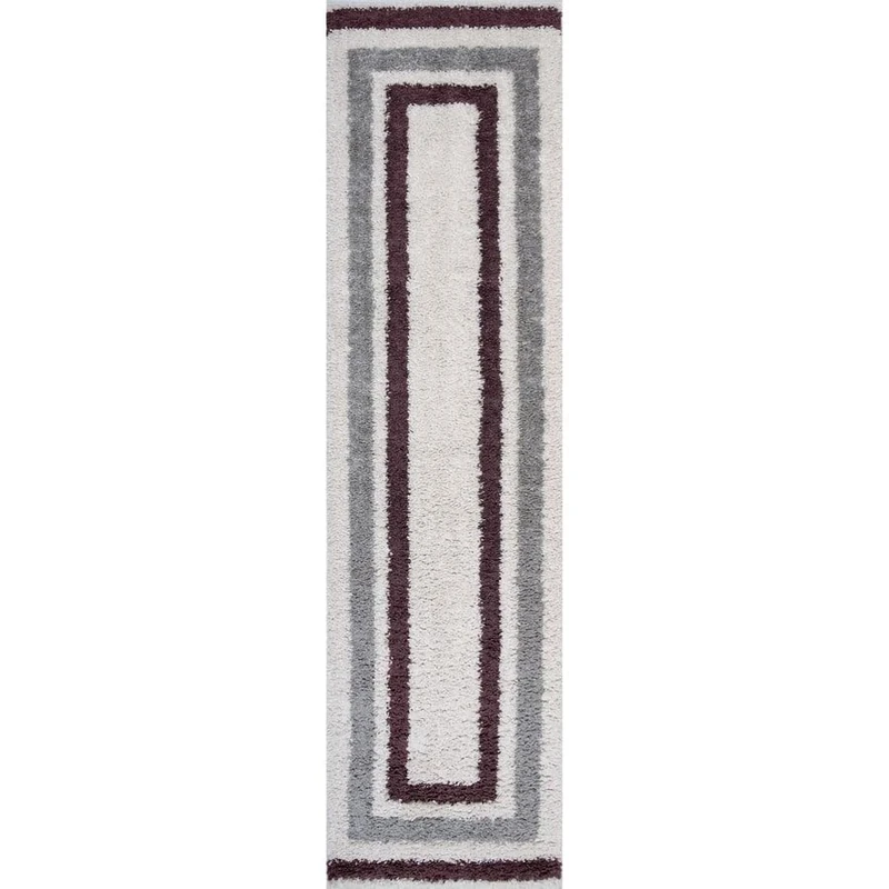 THE RUGS Soft Shaggy Area Rug – Modern Patterned Carpet for Living Room & Bedroom, Extra Plush, Easy to Clean, Border Design (80x300 cm, Grey/Purple)