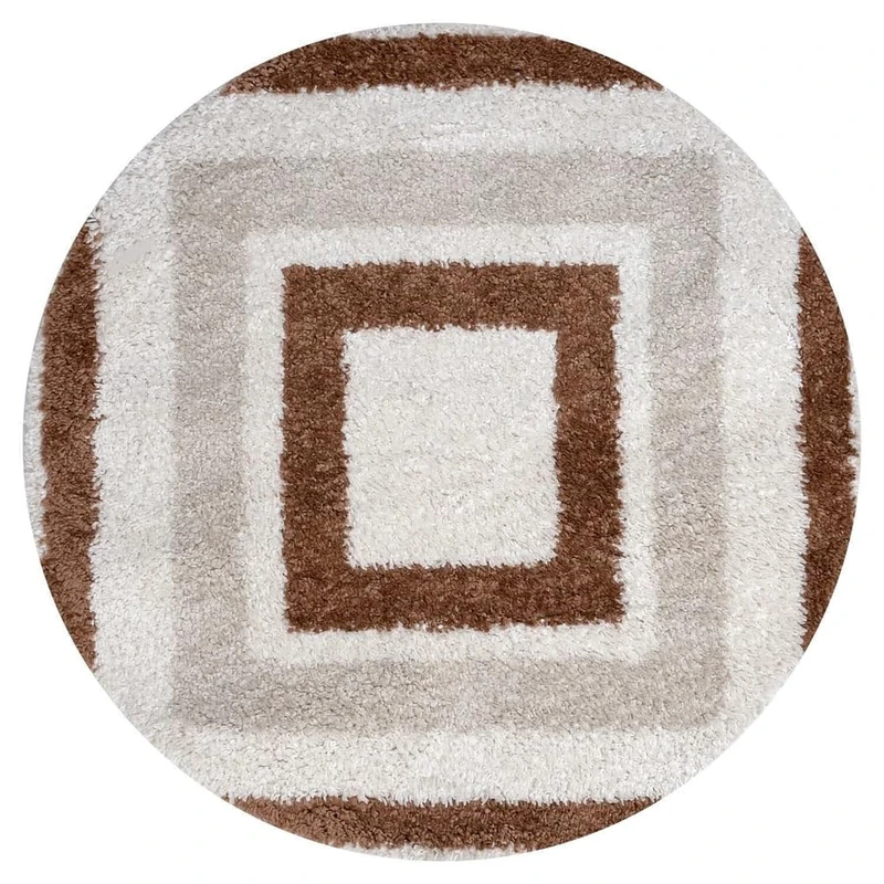 THE RUGS Soft Shaggy Area Rug – Modern Patterned Carpet for Living Room & Bedroom, Extra Plush, Easy to Clean, Border Design (120 cm Round, Beige/Terra)