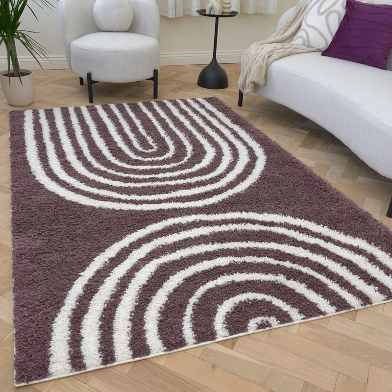 THE RUGS Soft Shaggy Area Rug – Modern Patterned Carpet for Living Room & Bedroom, Extra Plush, Easy to Clean, Geometric Arch Design (80x150 cm, Purple)