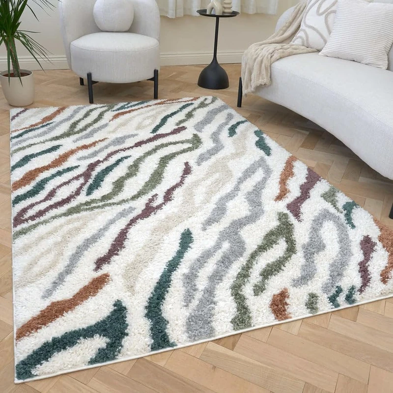 THE RUGS Soft Shaggy Area Rug – Modern Patterned Carpet for Living Room & Bedroom, Extra Plush, Easy to Clean, Zebra Pattern Design (200x290 cm, Multicolour)
