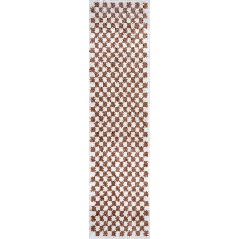 THE RUGS Soft Shaggy Area Rug – Modern Patterned Carpet for Living Room & Bedroom, Extra Plush, Easy to Clean, Checkerboard Design (80x300 cm, Terra)
