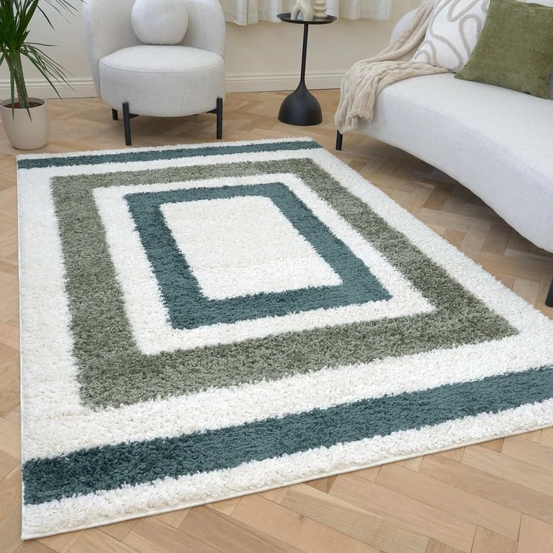 THE RUGS Soft Shaggy Area Rug – Modern Patterned Carpet for Living Room & Bedroom, Extra Plush, Easy to Clean, Border Design (160x230 cm, Forest & Sage Green)