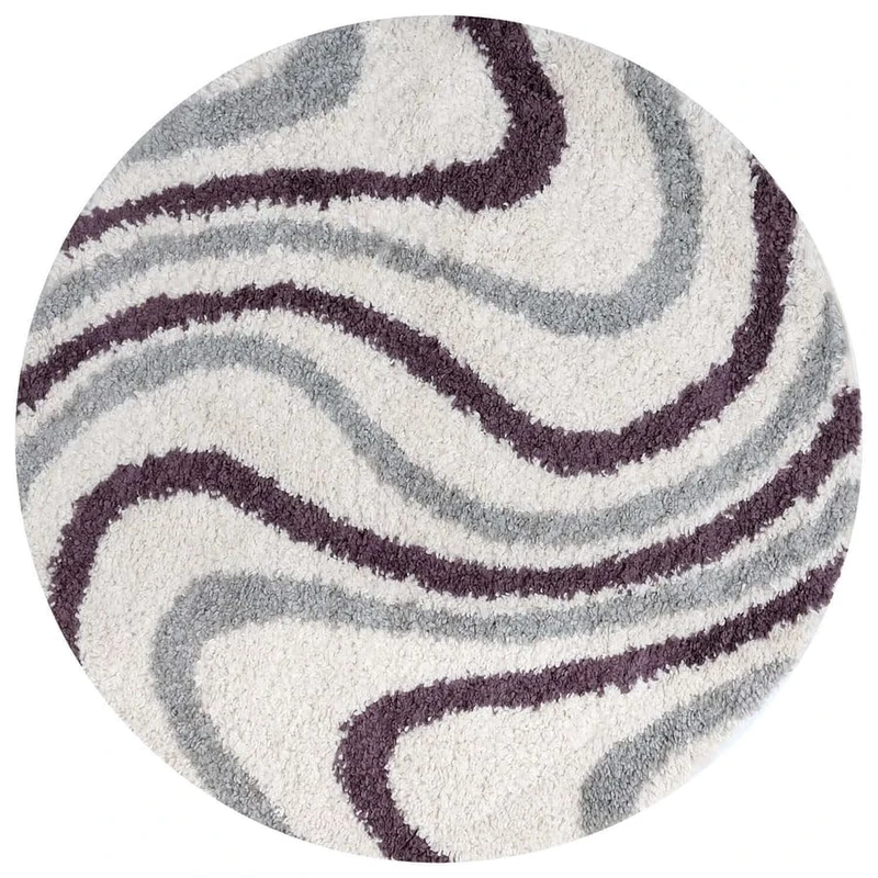 THE RUGS Soft Shaggy Area Rug – Modern Patterned Carpet for Living Room & Bedroom, Extra Plush, Easy to Clean, Abstract Wave Design (120 cm Round, Grey/Purple)