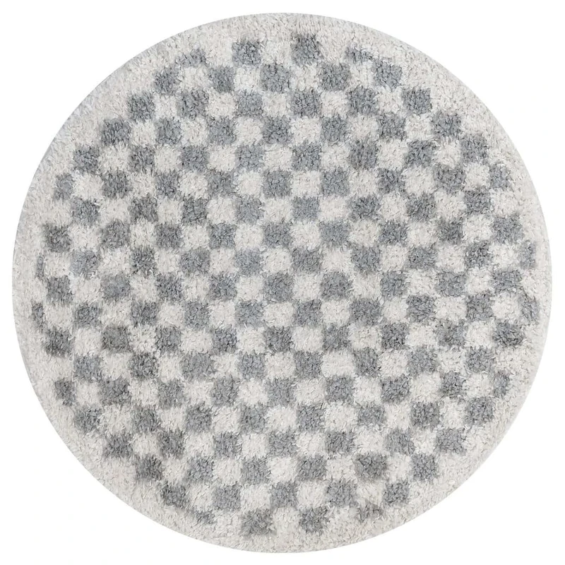 THE RUGS Soft Shaggy Area Rug – Modern Patterned Carpet for Living Room & Bedroom, Extra Plush, Easy to Clean, Checkerboard Design (120 cm Round, Grey)