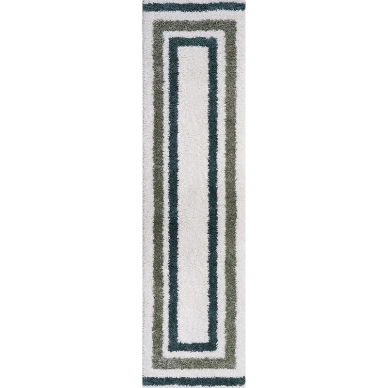 THE RUGS Soft Shaggy Area Rug – Modern Patterned Carpet for Living Room & Bedroom, Extra Plush, Easy to Clean, Border Design (80x300 cm, Forest & Sage Green)