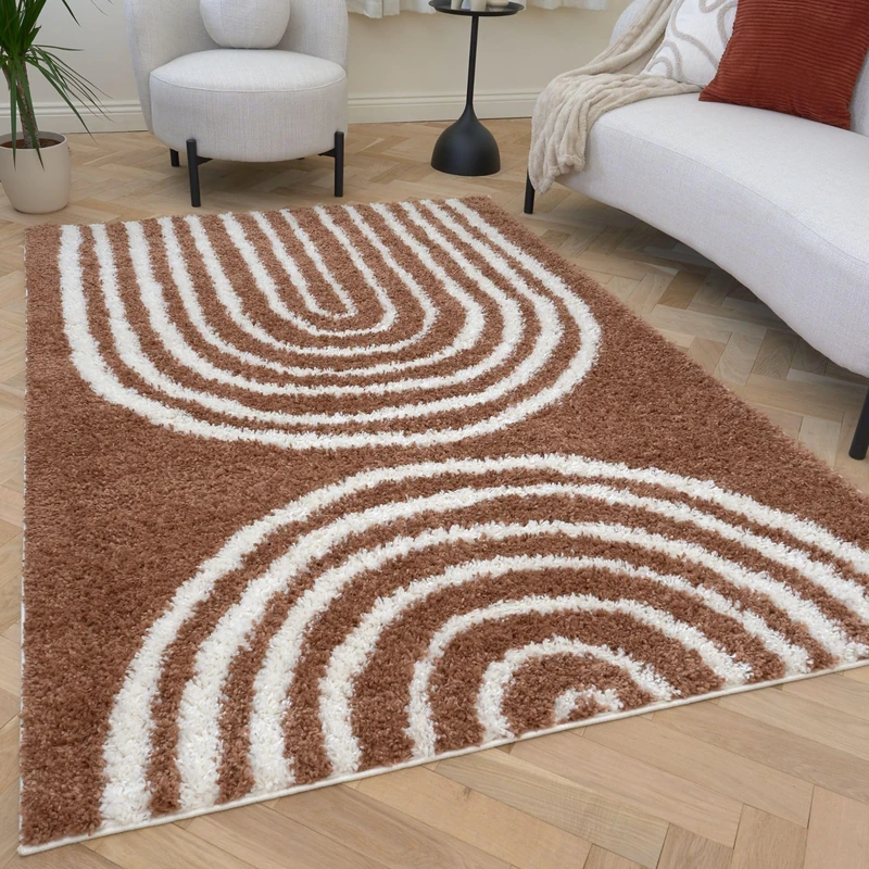 THE RUGS Soft Shaggy Area Rug – Modern Patterned Carpet for Living Room & Bedroom, Extra Plush, Easy to Clean, Geometric Arch Design (80x150 cm, Terra)