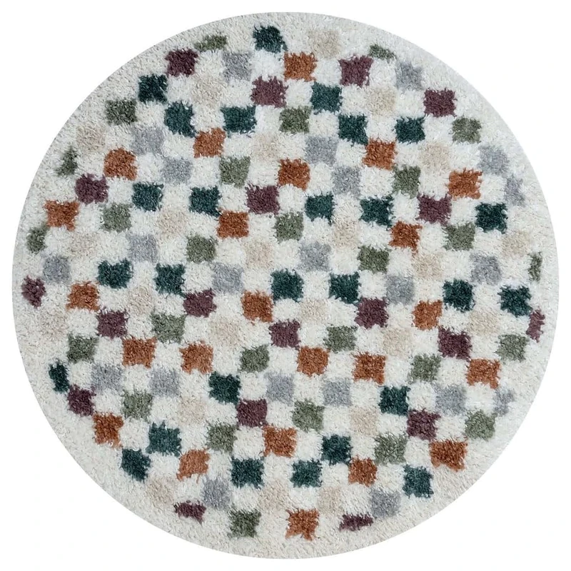 THE RUGS Soft Shaggy Area Rug – Modern Patterned Carpet for Living Room & Bedroom, Extra Plush, Easy to Clean, Checkerboard Design (120 cm Round, Multicolour)