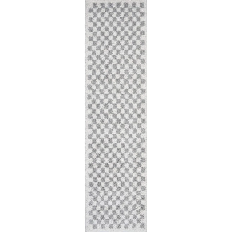 THE RUGS Soft Shaggy Area Rug – Modern Patterned Carpet for Living Room & Bedroom, Extra Plush, Easy to Clean, Checkerboard Design (80x300 cm, Grey)