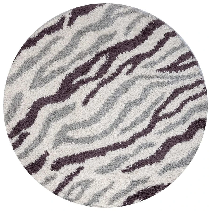 THE RUGS Soft Shaggy Area Rug – Modern Patterned Carpet for Living Room & Bedroom, Extra Plush, Easy to Clean, Zebra Pattern Design (120 cm Round, Grey/Purple)