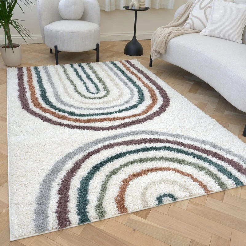 THE RUGS Soft Shaggy Area Rug – Modern Patterned Carpet for Living Room & Bedroom, Extra Plush, Easy to Clean, Geometric Arch Design (80x150 cm, Multicolour) - Image 1