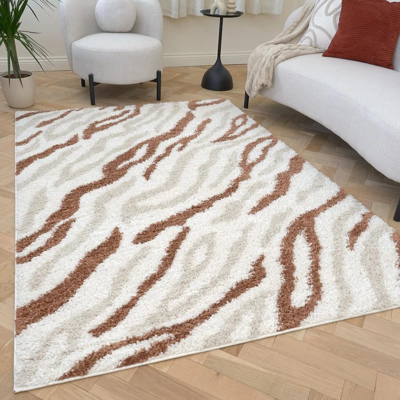 THE RUGS Soft Shaggy Area Rug – Modern Patterned Carpet for Living Room & Bedroom, Extra Plush, Easy to Clean, Zebra Pattern Design (200x290 cm, Beige/Terra)