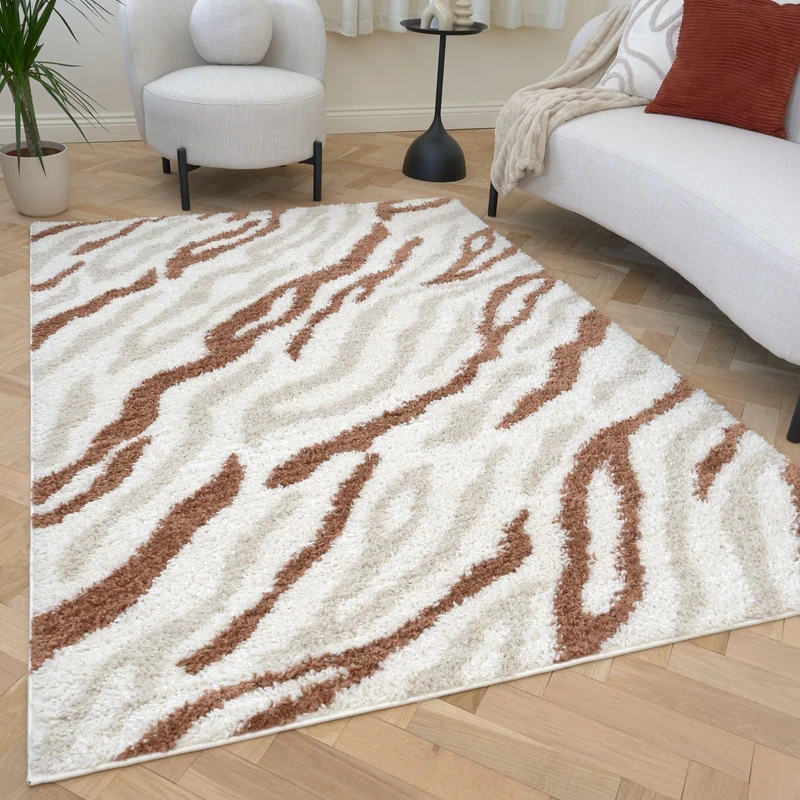 THE RUGS Soft Shaggy Area Rug – Modern Patterned Carpet for Living Room & Bedroom, Extra Plush, Easy to Clean, Zebra Pattern Design (80x150 cm, Beige/Terra) - Image 1