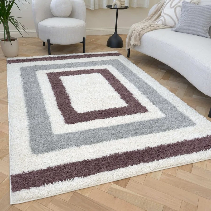 THE RUGS Soft Shaggy Area Rug – Modern Patterned Carpet for Living Room & Bedroom, Extra Plush, Easy to Clean, Border Design (160x230 cm, Grey/Purple)