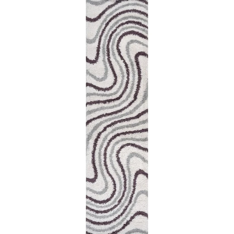 THE RUGS Soft Shaggy Area Rug – Modern Patterned Carpet for Living Room & Bedroom, Extra Plush, Easy to Clean, Abstract Wave Design (80x300 cm, Grey/Purple)