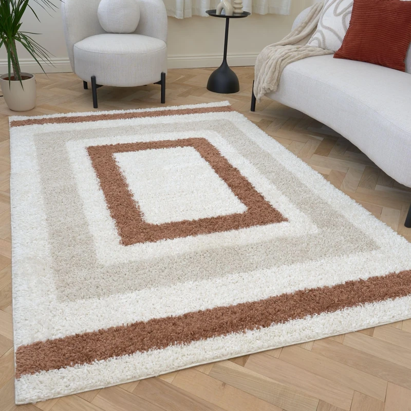 THE RUGS Soft Shaggy Area Rug – Modern Patterned Carpet for Living Room & Bedroom, Extra Plush, Easy to Clean, Border Design (80x150 cm, Beige/Terra) - Image 1
