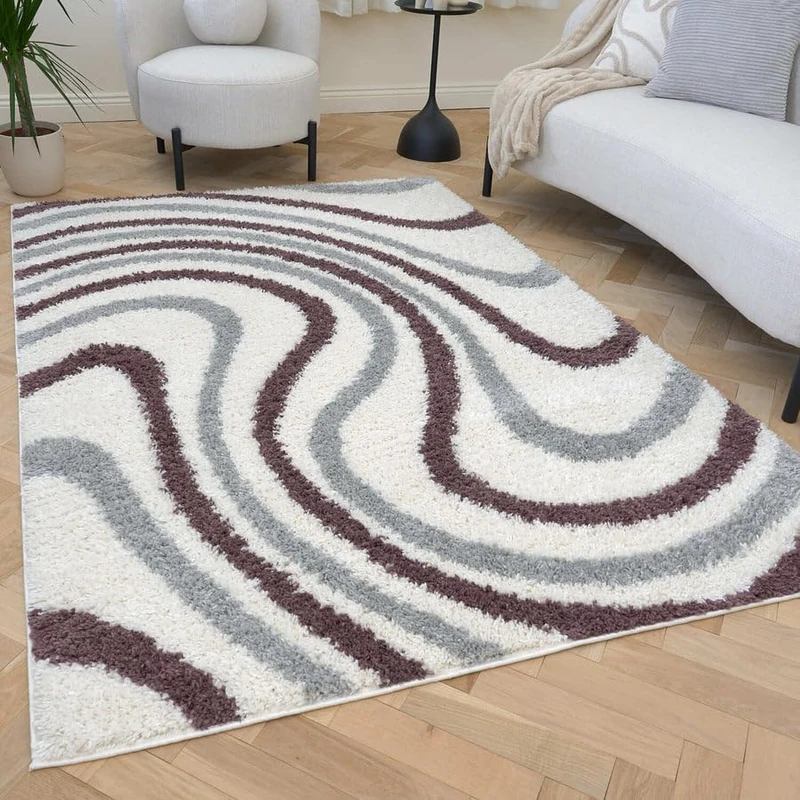 THE RUGS Soft Shaggy Area Rug – Modern Patterned Carpet for Living Room & Bedroom, Extra Plush, Easy to Clean, Abstract Wave Design (200x290 cm, Grey/Purple)
