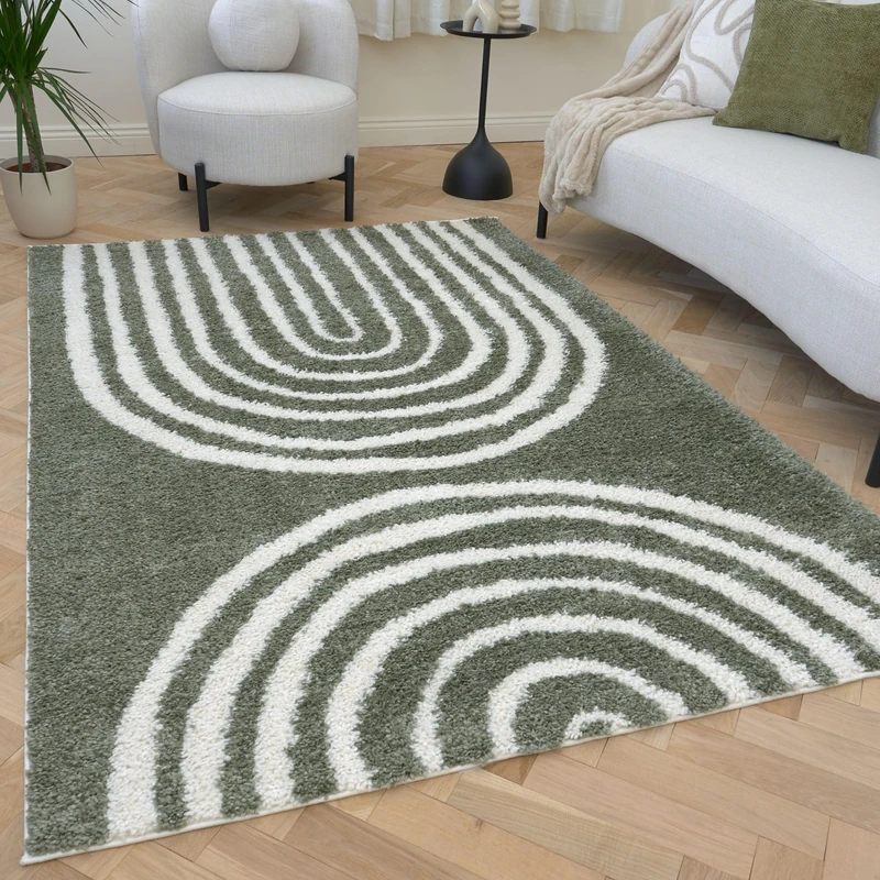 THE RUGS Soft Shaggy Area Rug – Modern Patterned Carpet for Living Room & Bedroom, Extra Plush, Easy to Clean, Geometric Arch Design (80x150 cm, Sage Green)