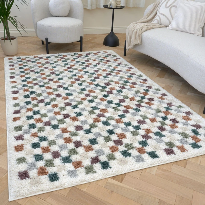 THE RUGS Soft Shaggy Area Rug – Modern Patterned Carpet for Living Room & Bedroom, Extra Plush, Easy to Clean, Checkerboard Design (80x150 cm, Multicolour)