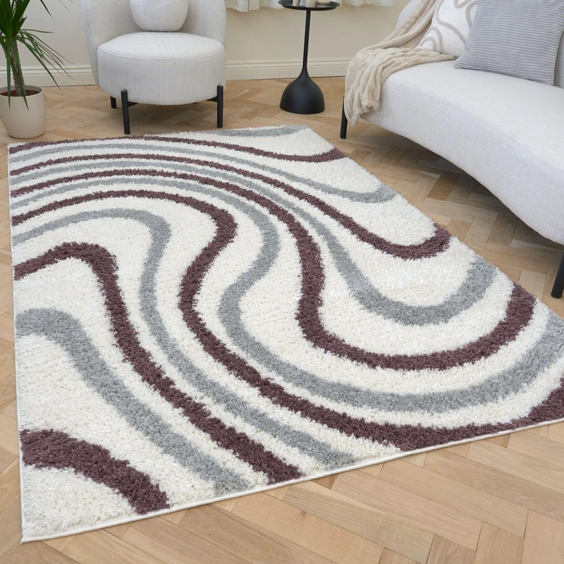 THE RUGS Soft Shaggy Area Rug – Modern Patterned Carpet for Living Room & Bedroom, Extra Plush, Easy to Clean, Abstract Wave Design (80x150 cm, Grey/Purple) - Image 1