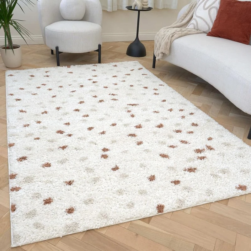 THE RUGS Soft Shaggy Area Rug – Modern Patterned Carpet for Living Room & Bedroom, Extra Plush, Easy to Clean, Terrazzo Design (160x230 cm, Beige/Terra)
