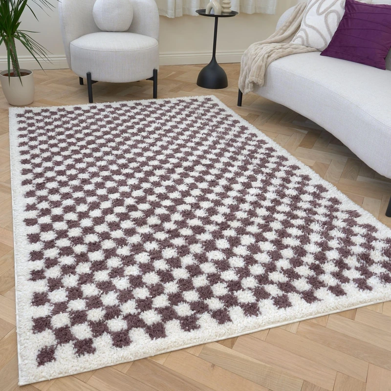 THE RUGS Soft Shaggy Area Rug – Modern Patterned Carpet for Living Room & Bedroom, Extra Plush, Easy to Clean, Checkerboard Design (80x150 cm, Purple)