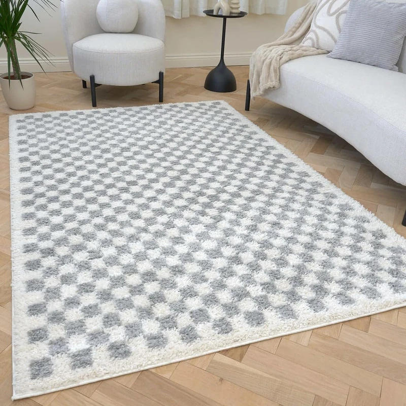 THE RUGS Soft Shaggy Area Rug – Modern Patterned Carpet for Living Room & Bedroom, Extra Plush, Easy to Clean, Checkerboard Design (160x230 cm, Grey)