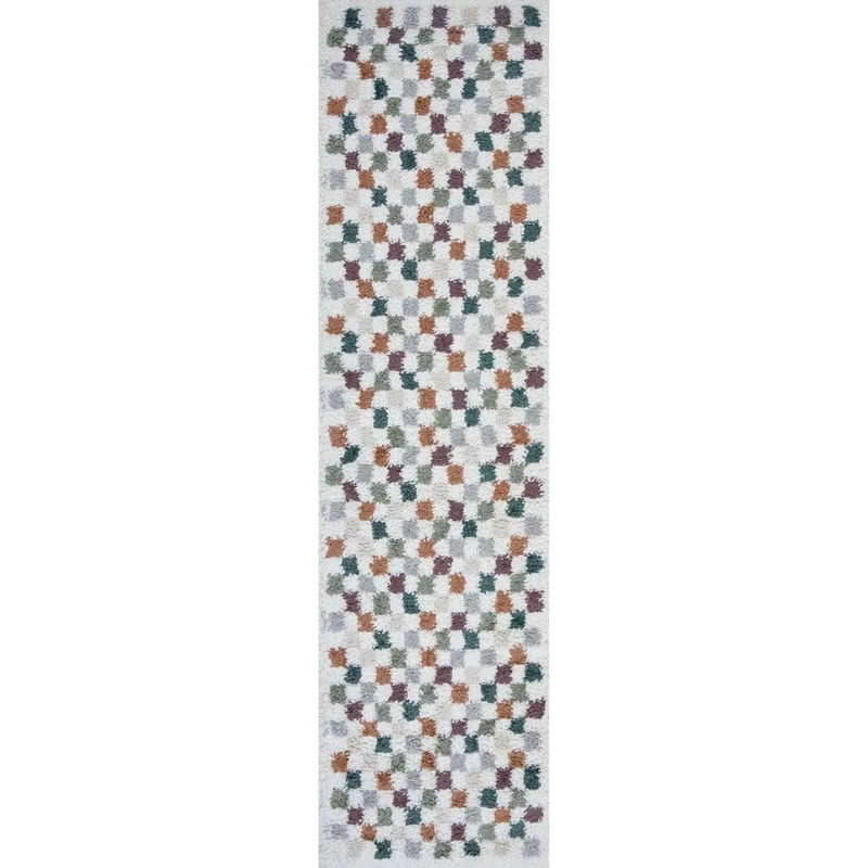 THE RUGS Soft Shaggy Area Rug – Modern Patterned Carpet for Living Room & Bedroom, Extra Plush, Easy to Clean, Checkerboard Design (80x300 cm, Multicolour)