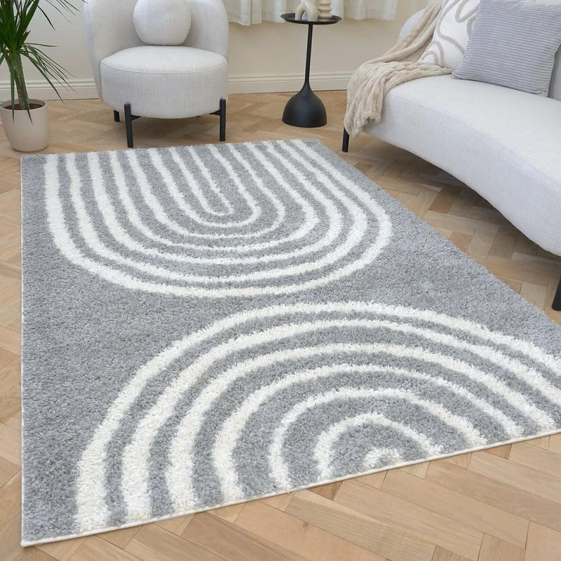 THE RUGS Soft Shaggy Area Rug – Modern Patterned Carpet for Living Room & Bedroom, Extra Plush, Easy to Clean, Geometric Arch Design (200x290 cm, Grey)