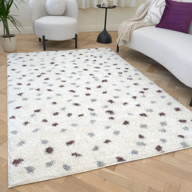 THE RUGS Soft Shaggy Area Rug – Modern Patterned Carpet for Living Room & Bedroom, Extra Plush, Easy to Clean, Terrazzo Design (80x150 cm, Grey/Purple)