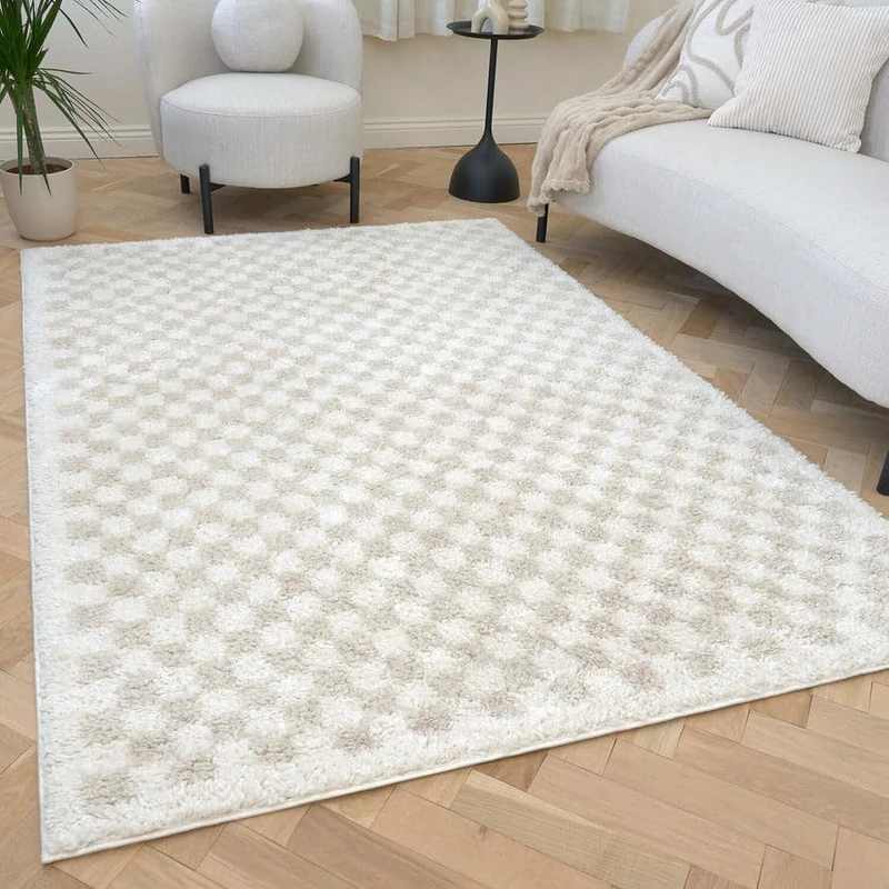 THE RUGS Soft Shaggy Area Rug – Modern Patterned Carpet for Living Room & Bedroom, Extra Plush, Easy to Clean, Checkerboard Design (120x170 cm, Light Beige)