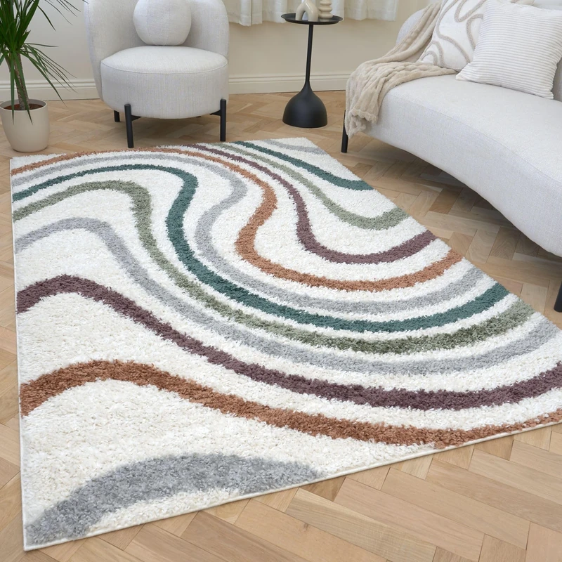 THE RUGS Soft Shaggy Area Rug – Modern Patterned Carpet for Living Room & Bedroom, Extra Plush, Easy to Clean, Abstract Wave Design (80x150 cm, Multicolour) - Image 1