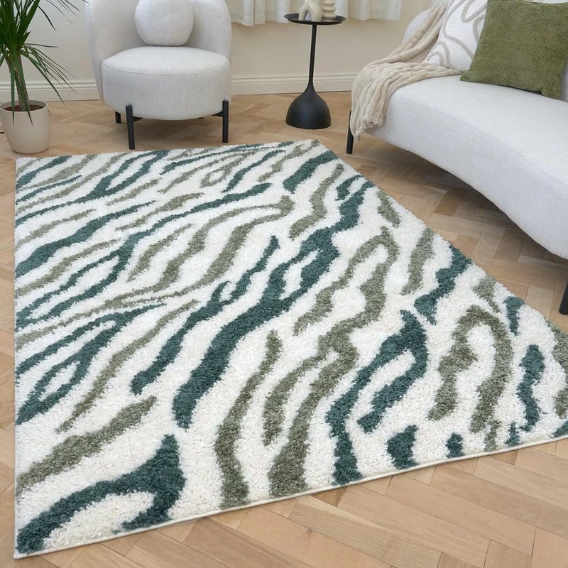 THE RUGS Soft Shaggy Area Rug – Modern Patterned Carpet for Living Room & Bedroom, Extra Plush, Easy to Clean, Zebra Pattern Design (200x290 cm, Forest & Sage Green)