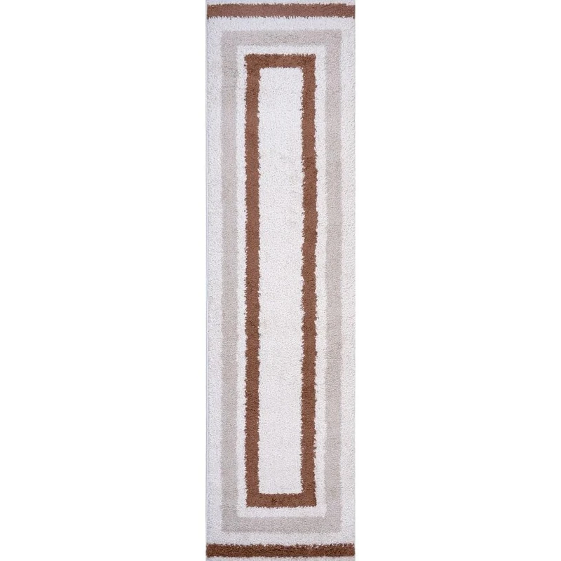 THE RUGS Soft Shaggy Area Rug – Modern Patterned Carpet for Living Room & Bedroom, Extra Plush, Easy to Clean, Border Design (80x300 cm, Beige/Terra)