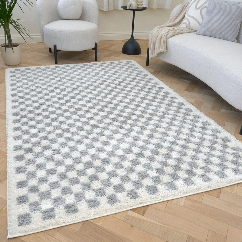 THE RUGS Soft Shaggy Area Rug – Modern Patterned Carpet for Living Room & Bedroom, Extra Plush, Easy to Clean, Checkerboard Design (80x150 cm, Grey) - Image 1